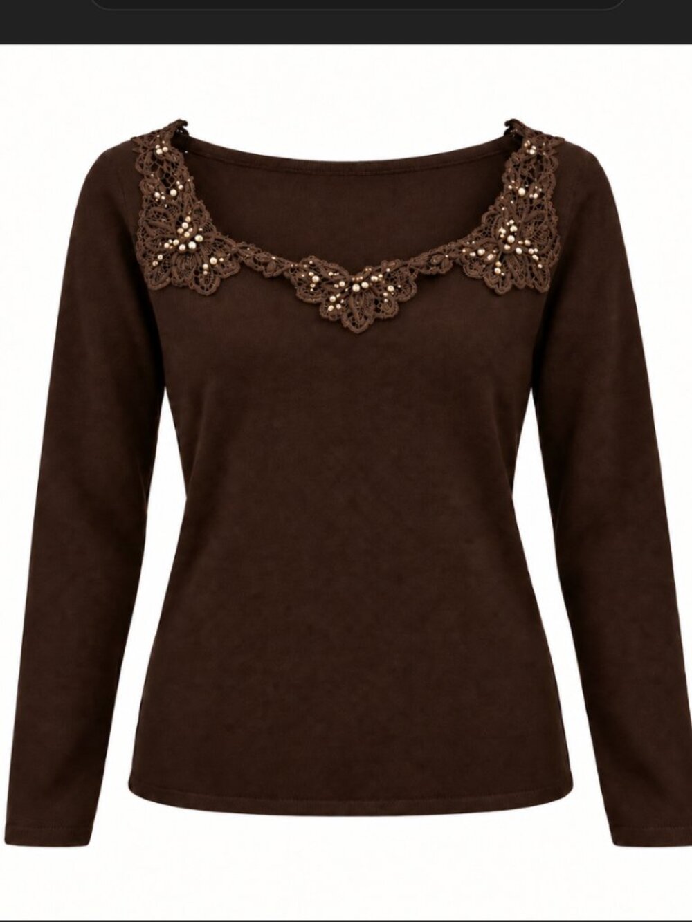 Blumarine Brown Sparkly Embellished Wool Top Black Rhinestone Floral Lace Whimsy